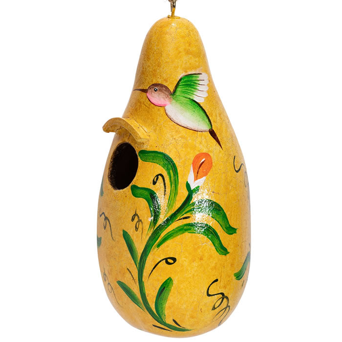 Hummingbird Gourd Birdhouse with a small bird perched on it, showing intricate hummingbird designs, ready to hang, ideal for small birds.