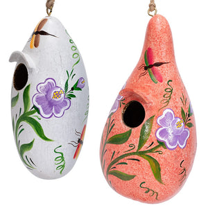 Bugs Gourd Birdhouse, Choose from 2 Colors. Features hand-painted butterfly and dragonfly designs, 1-1/4 inch opening, and drainage holes. Ideal for small birds.