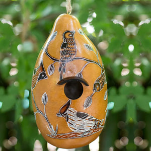 Birds of North America Gourd Birdhouse hanging on a tree, showcasing a natural design with a 1 ¼” opening and carved details.