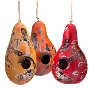 Birds of North America Gourd Birdhouse, handcrafted in Peru, features intricate bird designs, a 1 ¼” opening, and ready-to-hang functionality.