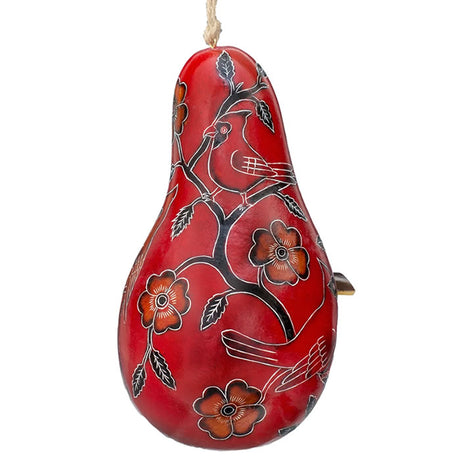 Cardinals on a Branch, Gourd Birdhouse: Handcrafted, vibrant birdhouse featuring cardinal designs, 1-1/4 inch opening, and drainage holes. Perfect for small birds.