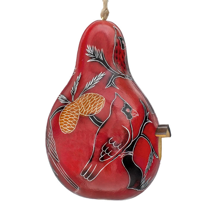 Cardinals on a Branch, Gourd Birdhouse: Handcrafted gourd birdhouse with cardinal designs, suitable for small birds, featuring a 1-1/4 inch opening, drainage holes, and protective varnish.