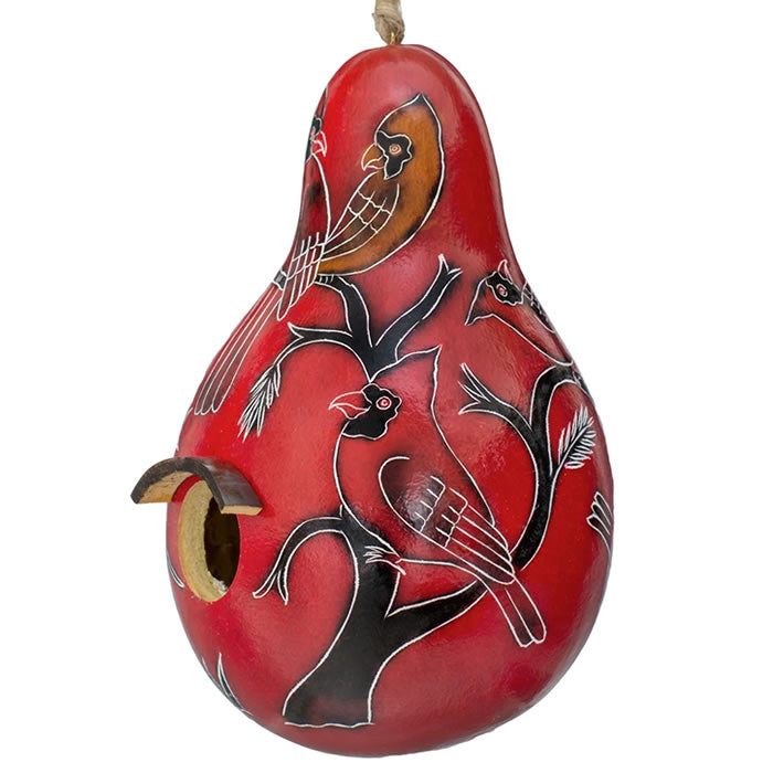 Cardinals on a Branch, Gourd Birdhouse: Handcrafted red birdhouse with bird designs, 1-1/4 inch opening, drainage holes, and protective varnish, ideal for small birds.