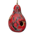 Cardinals on a Branch, Gourd Birdhouse: Handcrafted red gourd birdhouse with cardinal designs, featuring a 1-1/4 inch opening, drainage holes, and protective varnish.