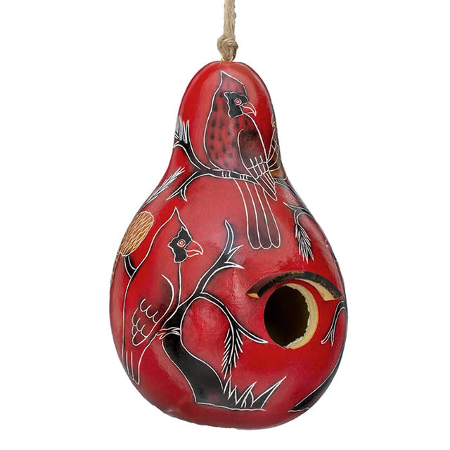 Cardinals on a Branch, Gourd Birdhouse: Handcrafted red gourd birdhouse with cardinal designs, featuring a 1-1/4 inch opening, drainage holes, and protective varnish.