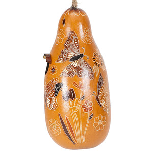 Butterfly Gourd Birdhouse with intricate butterfly and flower designs, ideal for small birds. Features a 1-1/4 inch opening, drainage holes, and protective varnish.