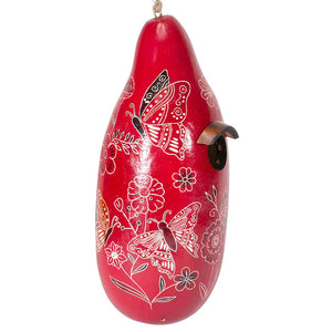 Butterfly Gourd Birdhouse in red with intricate butterfly and flower design, featuring a 1-1/4 inch opening and protective varnish for small birds.