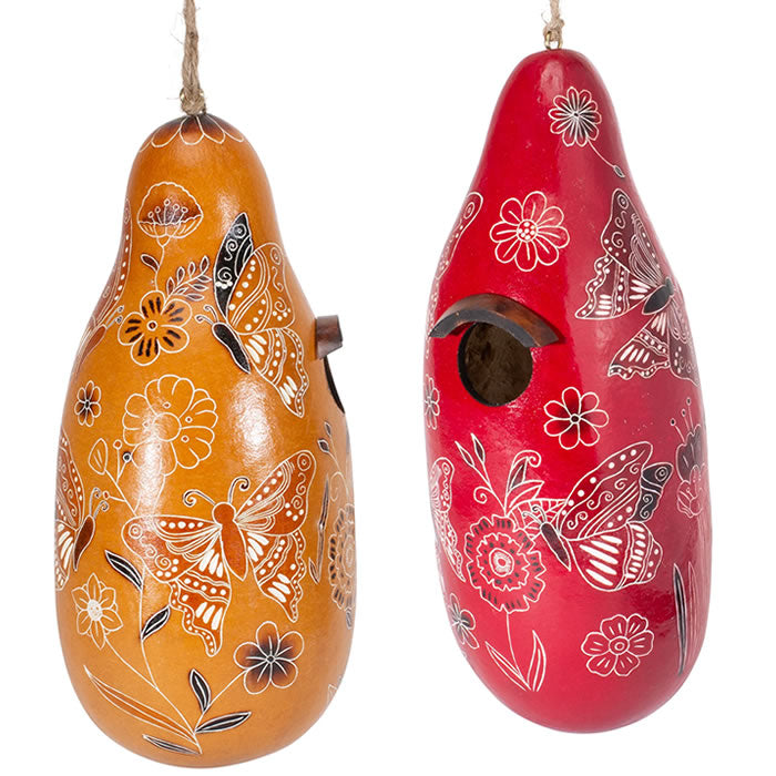 Butterfly Gourd Birdhouse with intricate butterfly designs, perfect for small birds, featuring a 1-1/4 inch opening, drainage holes, and protective varnish.