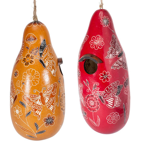 Butterfly Gourd Birdhouse with intricate butterfly designs, perfect for small birds, featuring a 1-1/4 inch opening, drainage holes, and protective varnish.