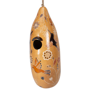 Hummingbird Gourd Birdhouse with painted bird and butterfly designs, featuring a 1-1/4 inch opening, drainage holes, and protective varnish.