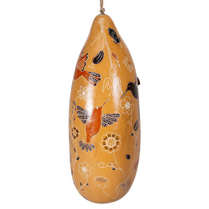 Hummingbird Gourd Birdhouse displaying intricate bird and flower designs, crafted from natural gourd, with a 1-1/4 inch opening, suitable for small birds.