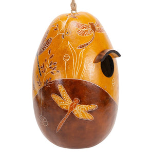 Dragonfly Gourd Birdhouse featuring a dragonfly and flower design, crafted from natural gourd with drainage holes, suitable for small birds, available in Light or Dark Brown.