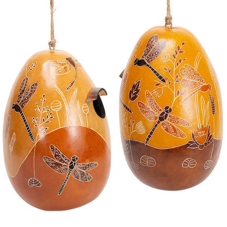 Dragonfly Gourd Birdhouse featuring intricate dragonfly designs, crafted by Peruvian artists, with a 1-1/4 inch opening, drainage holes, and protective varnish.