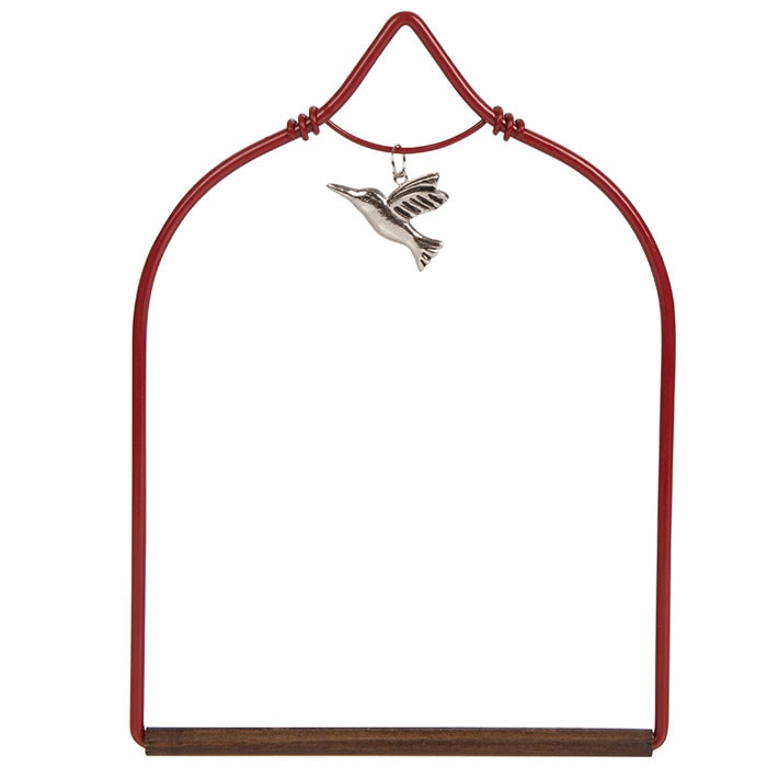 Charmed Red Hummingbird Swing with a metal hummingbird charm, featuring a durable hand-stained wooden perch, designed for easy hanging near feeders or flowers.