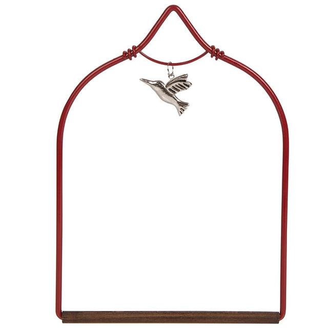 Charmed Red Hummingbird Swing with a metal hummingbird charm, featuring a durable hand-stained wooden perch, designed for easy hanging near feeders or flowers.