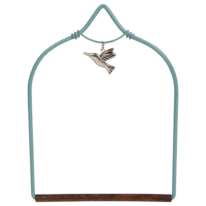 Charmed Teal Hummingbird Swing with a hand-stained wooden perch and silver pendant, designed for hummingbird perching and easy hanging near feeders or flowers.