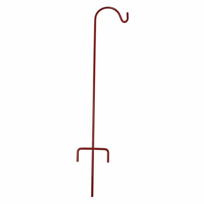 Container Hummingbird Feeder Hanger with balancing rods, 24 inches tall, lightweight red metal design, perfect for planters and flower boxes, available in red or black.