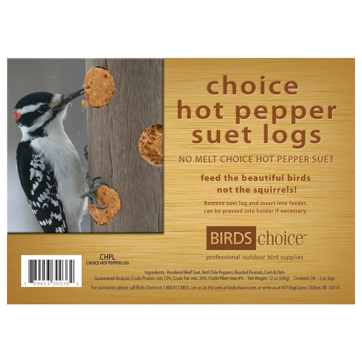 Hot Pepper, 4 Suet Logs packaging features a downy woodpecker on suet, promoting bird feeding while deterring squirrels with no-melt, chile-infused ingredients.