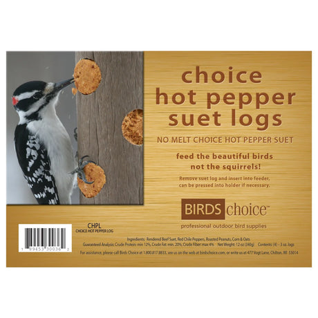 Hot Pepper, 4 Suet Logs packaging features a downy woodpecker on suet, promoting bird feeding while deterring squirrels with no-melt, chile-infused ingredients.