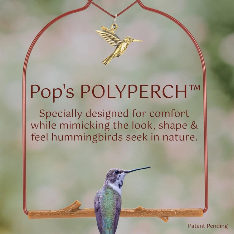 Gold hummingbird ornament on a branch with text about 'Pop's POLYPERCH' product.