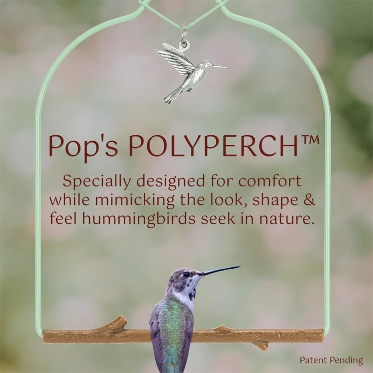 Advertisement for Pop's POLYPERCH with a hummingbird and text about comfort and mimicry.