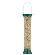 New Generations Metal Peanut Feeder filled with beans, showcasing its sturdy metal construction, easy-fill sliding cap, and squirrel-proof design for attracting woodpeckers.