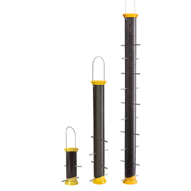 Droll Yankees Finch Flocker Finch Feeder in 8, 23, or 36 sizes, featuring multiple feeding ports and durable yellow top for attracting goldfinches.