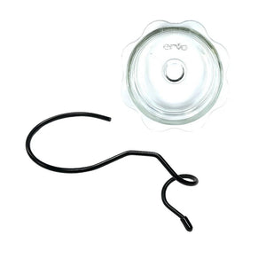 Glass lid with a black handle on a white background