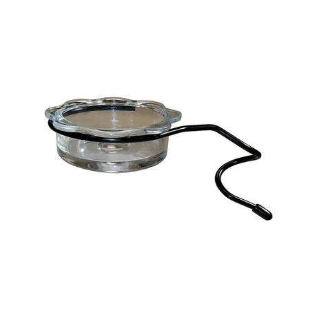 Quick Connect Clear Dish Feeder: A glass bowl with a black handle, designed to twist onto a 1-inch diameter pole, perfect for feeding birds.