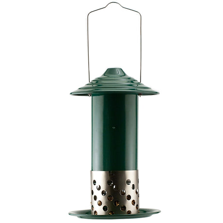 Combo Mealworm, Suet Balls or Peanut Feeder: Cylindrical metal feeder with rain-protective hat, perforated chamber, and adjustable hopper for diverse bird snacks.