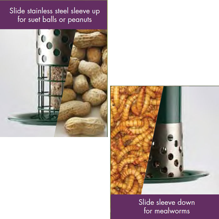 Combo Mealworm, Suet Balls or Peanut Feeder showing adjustable hopper, metal sleeve, and feeding tray designed to attract various bird species.