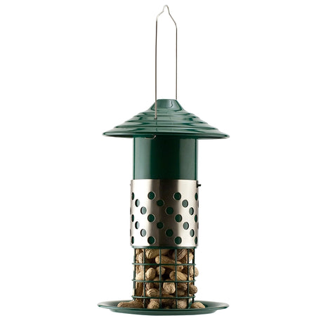 Combo Mealworm, Suet Balls or Peanut Feeder with a green metal top, perforated mid-section for bird access, and wire hanger for easy tree suspension.