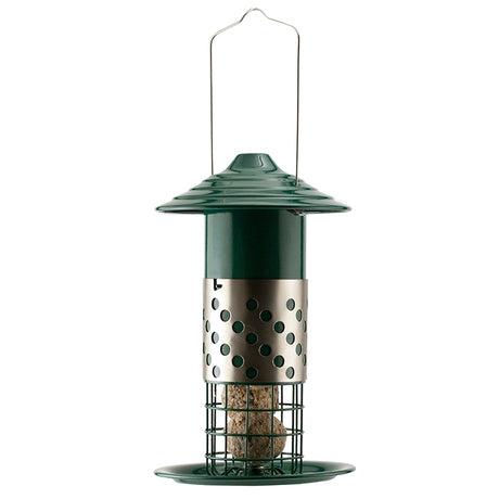 Combo Mealworm, Suet Balls or Peanut Feeder with green metal top, perforated steel body, wire cage, and metal hanger for diverse bird feeding options.