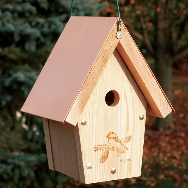 Coppertop Hanging Wren & Chickadee House with a decorative chickadee design, pink roof, and hanging cable, mounted on a tree, featuring a bird on a branch.