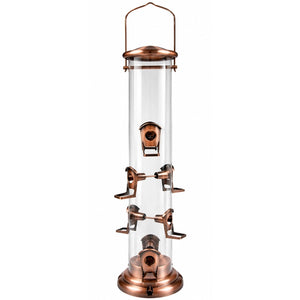 Copper tube bird feeder with clear seed reservoir, six feeding ports, sturdy metal perches, and copper hanging handle on white background.