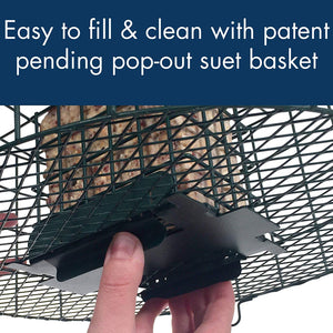 Hand holding the Squirrel Proof Pop Out Suet Cage Feeder with visible metal wire caging and pop-out suet basket for easy filling.