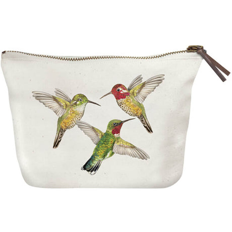 Hummingbird Canvas Pouch featuring vibrant bird designs, 8.5 x 7.5, 100% cotton with a zipper closure, ideal for storing small items.