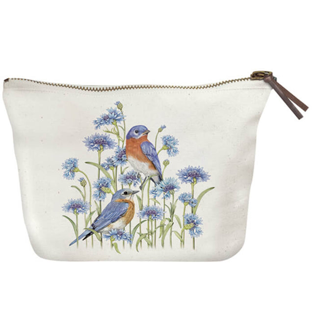 Meadow Bluebird Canvas Pouch featuring bluebird and flower embroidery, metal zipper, and natural cotton fabric.