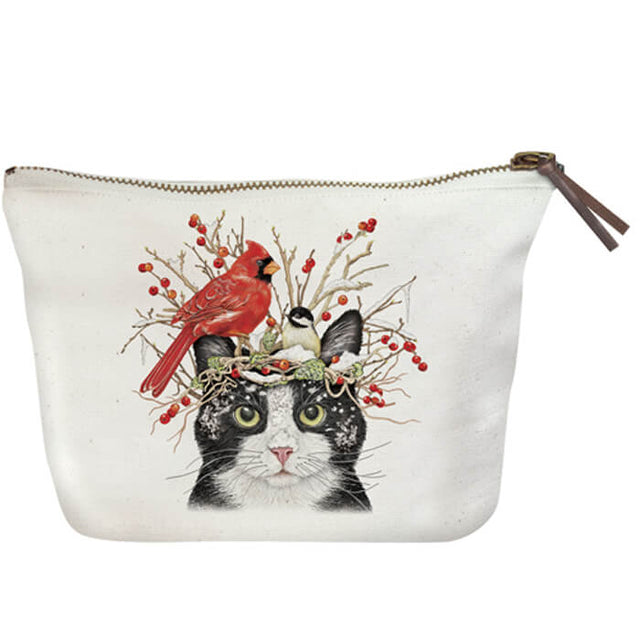 Winter Cat And Birds Canvas Pouch featuring an embroidered cat with a bird on its head, made from 100% natural cotton with a zipper closure.