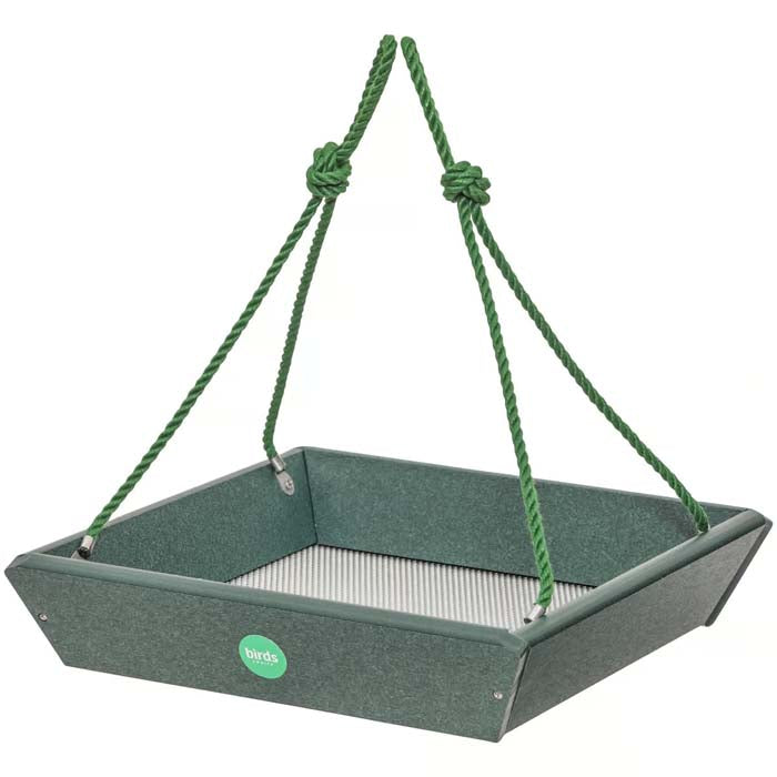 Birds Choice Hanging Tray Bird Feeder with green ropes and an open feeding tray for easy bird watching. Holds 2 lbs. of seed.