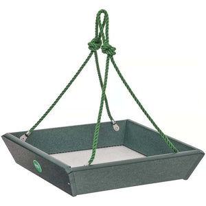 Birds Choice Hanging Tray Bird Feeder, Evergreen, features a rectangular platform with durable polyester rope for hanging, ideal for bird watchers.