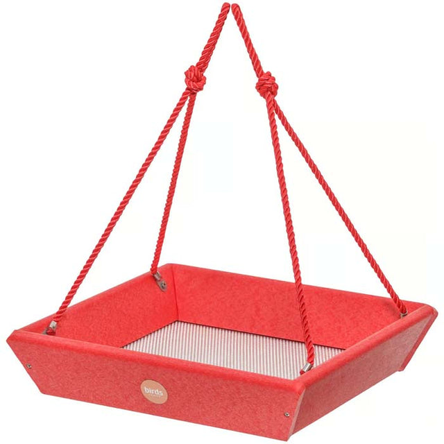 Birds Choice Hanging Tray Bird Feeder with red platform, rope handles, and stainless steel screen for drainage.