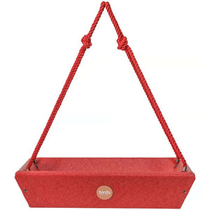 Birds Choice Hanging Tray Bird Feeder with red recycled plastic, durable polyester rope, and stainless steel screen for drainage. Holds 2 lbs. of seed.