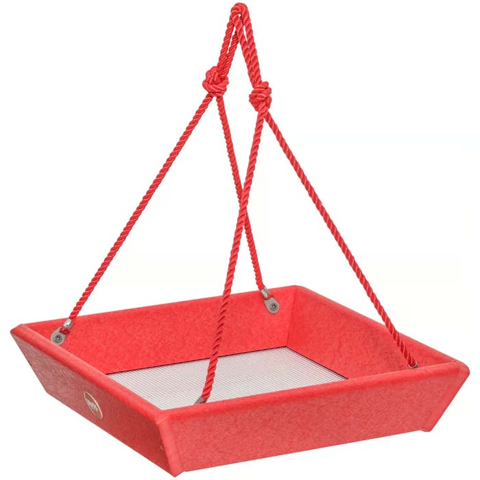 Birds Choice Hanging Tray Bird Feeder with two polyester ropes, stainless steel screen, and 2 lbs. seed capacity, made from durable recycled plastic.