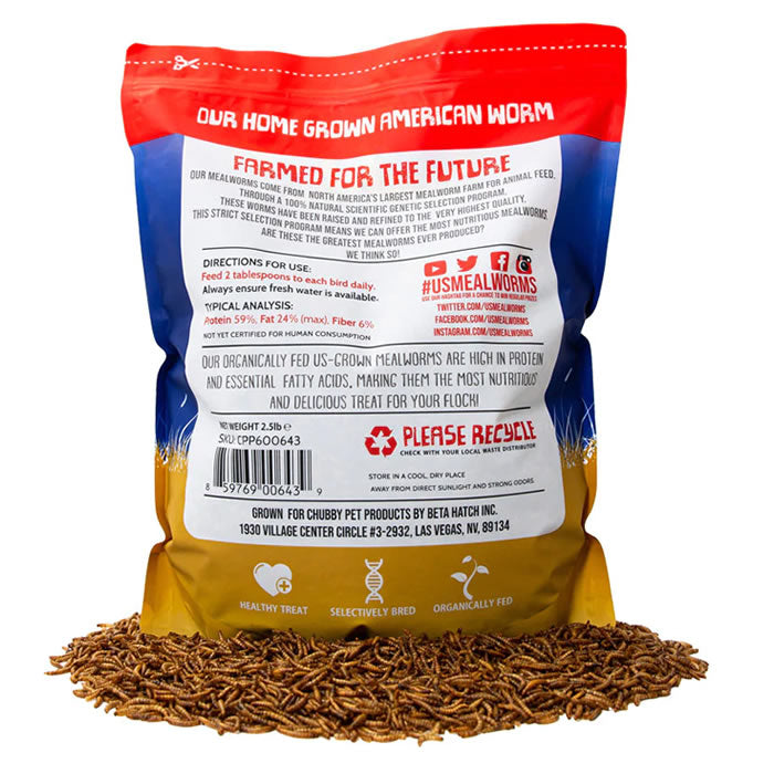 Bag of 2.5 lbs. Chubby US Grown Dried Mealworms on dirt, ideal high-protein treat for birds, in a resealable plastic bag for easy storage.