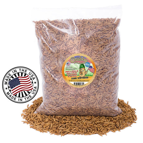 Bag of 11 lbs. Chubby Dried Black Soldier Fly Larvae, clear packaging, high-protein bird treat, USA-made, promotes stronger bones and shiny feathers.