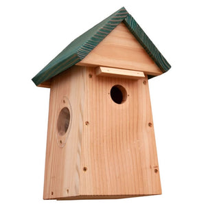 Carolina Nest Box: A wooden birdhouse with a green roof, designed for camera installation, featuring ventilation slots, deep interior, and keyhole brackets for easy mounting.