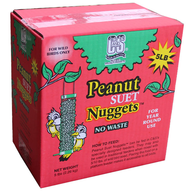 Peanut Suet Nuggets™, 5 lbs., in a labeled box designed for wild birds, offering no-waste, high-energy feed suitable for various feeders.