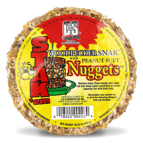 Woodpecker Snak™ with Peanut Nuggets™ Stak'em, Set of 4; round suet cake with nuts and seeds for bird feeders, attracts woodpeckers.