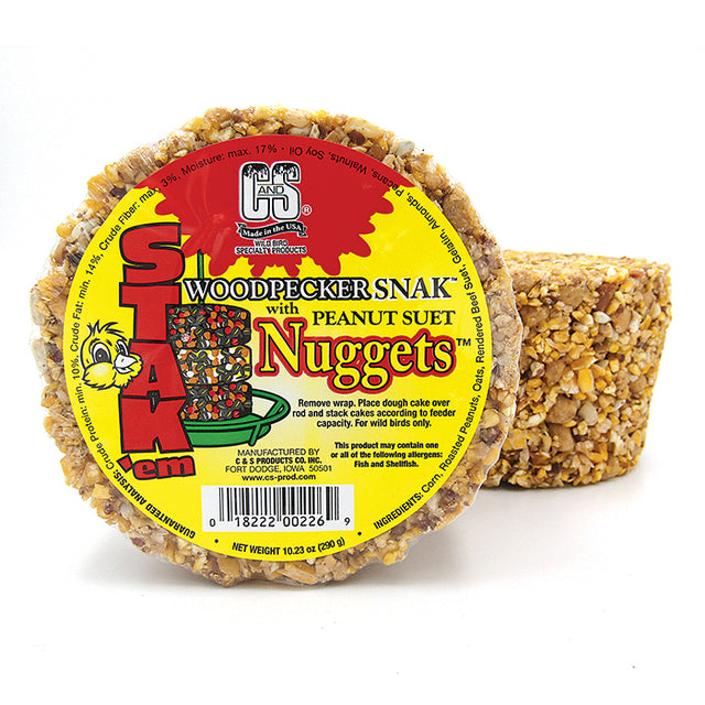 Woodpecker Snak™ with Peanut Nuggets™ Stak'em, set of 4, close-up of nutrient-rich granola bars featuring nuts, seeds, and suet, ideal for bird feeders.